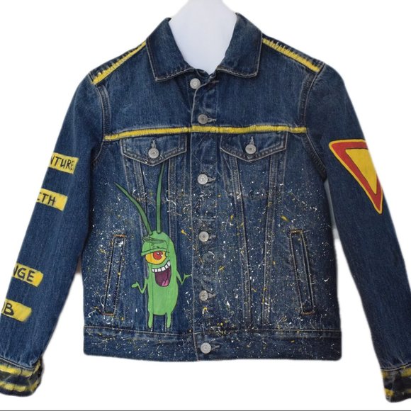 Denim Jacket Sponge Bob Boys L Hand Painted - Picture 2 of 14
